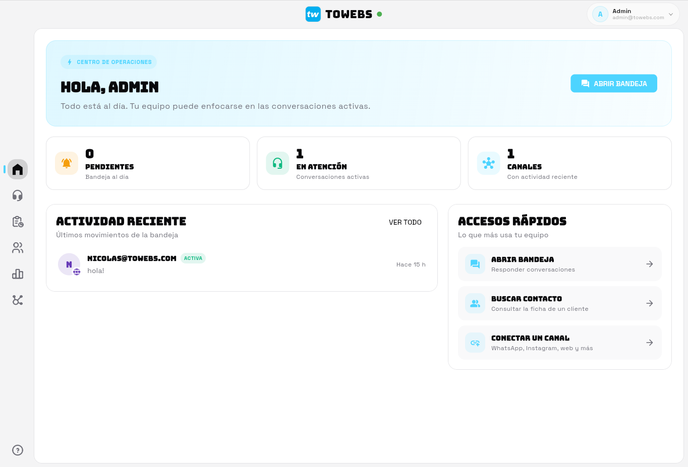 Panel principal de Flamachat con conversaciones, canales y accesos rápidos